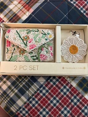Handmade White Beaded Floral Clutch & Keychain Set